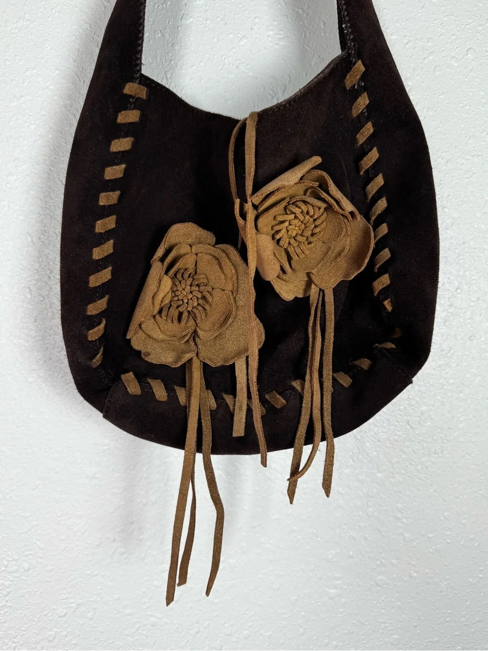 ⁠Y2K Express Brown Genuine Suede Leather Whipstitch Floral Flower Hobo Bag